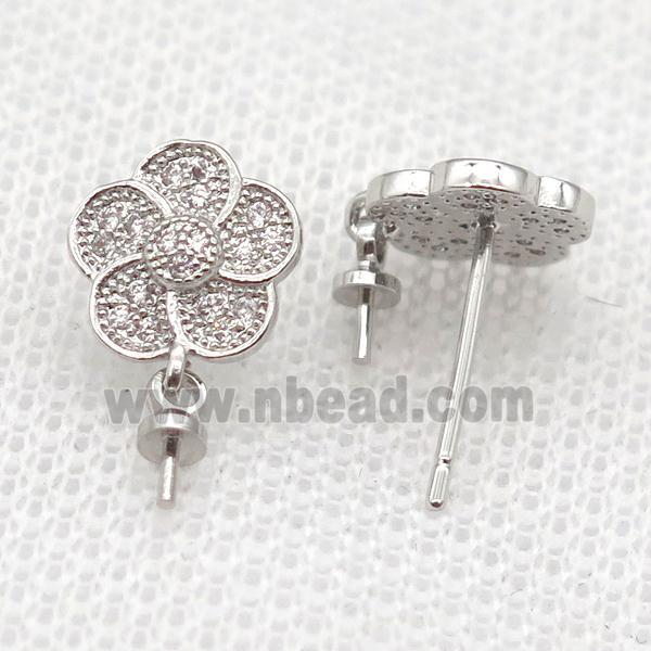 copper Stud Earrings paved zircon, flower, platinum plated