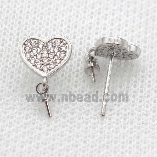 copper Stud Earrings paved zircon, heart, platinum plated