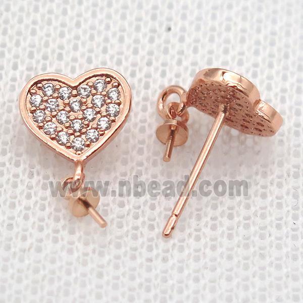 copper Stud Earrings paved zircon, heart, rose gold