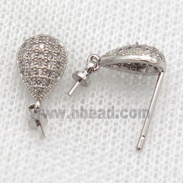 copper Stud Earrings paved zircon, teardrop, platinum plated