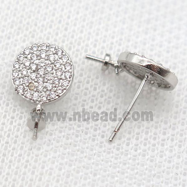 copper Stud Earrings paved zircon, circle, platinum plated