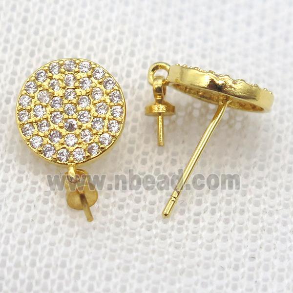 copper Stud Earrings paved zircon, circle, gold plated