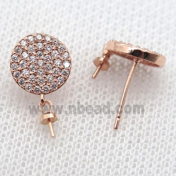 copper Stud Earrings paved zircon, circle, rose gold