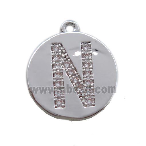 copper letter-N pendant paved zircon, platinum plated