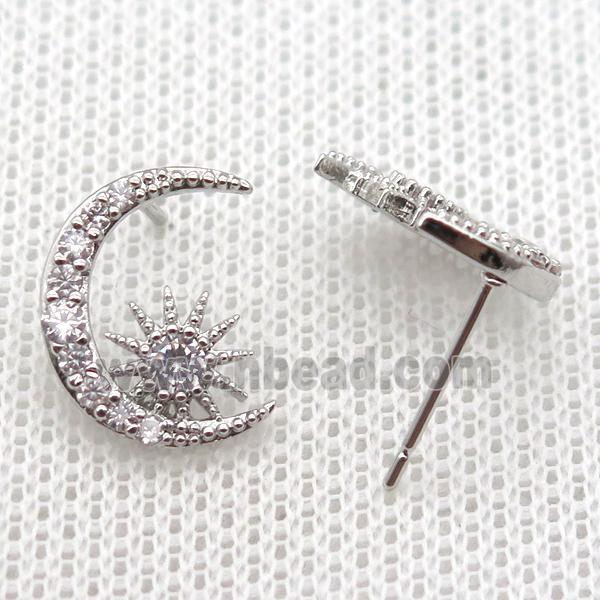 copper stud Earrings pave zircon, moon, platinum plated