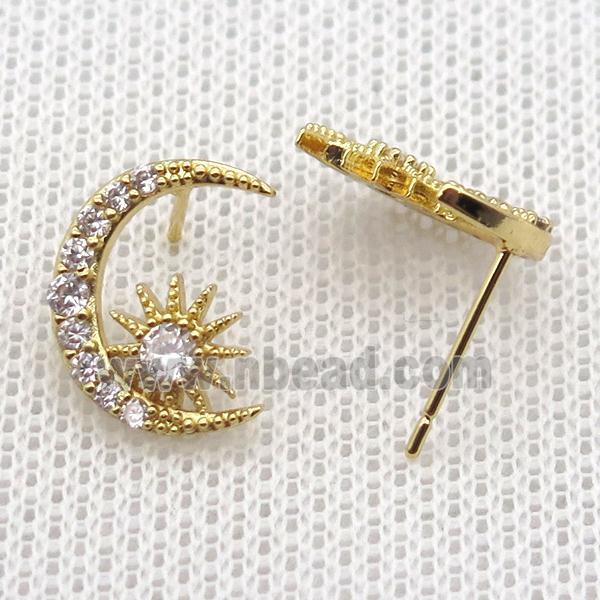 copper stud Earrings pave zircon, moon, gold plated