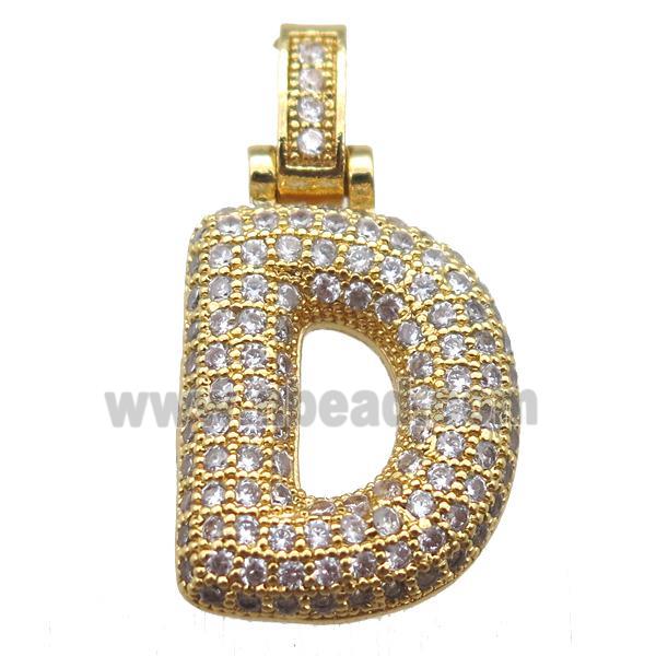 copper letter-D pendant paved zircon, gold plated