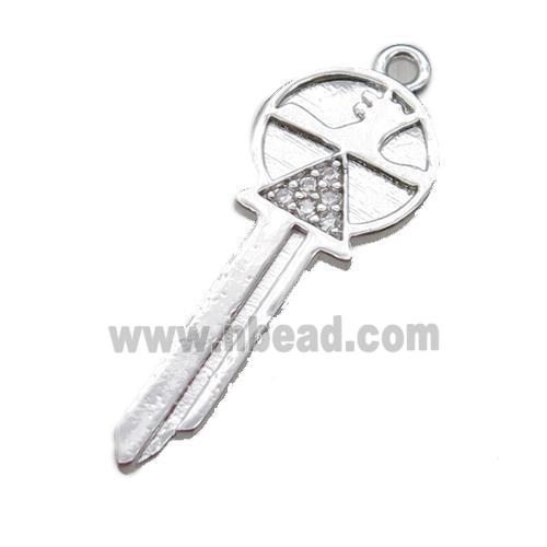 copper key pendant paved zircon, platinum plated