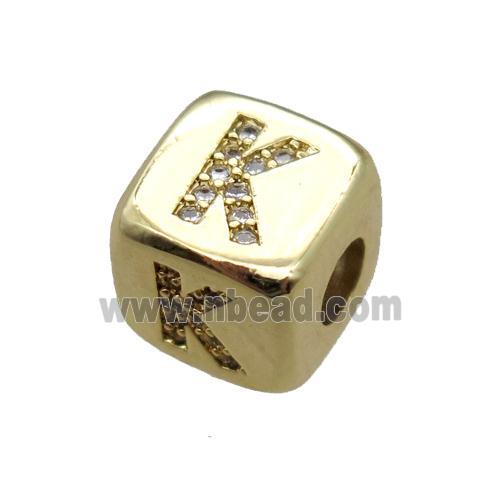 copper letter-K beads paved zircon, cube, gold plated