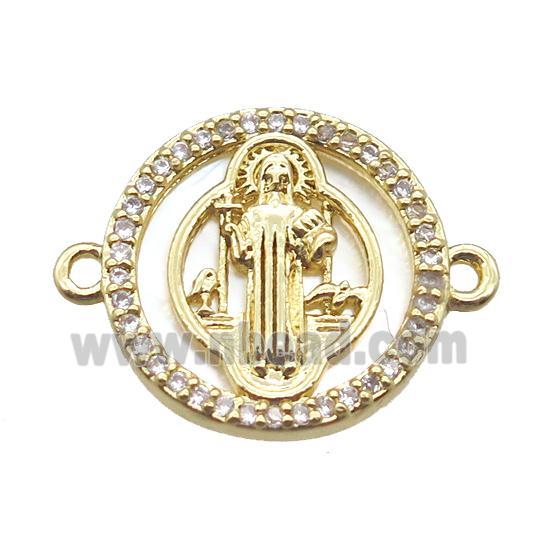 copper circle connector paved zircon, Jesus, gold plated