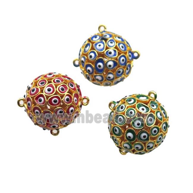 enameling copper hollow round connector with evail eye, mixed color, gold plated