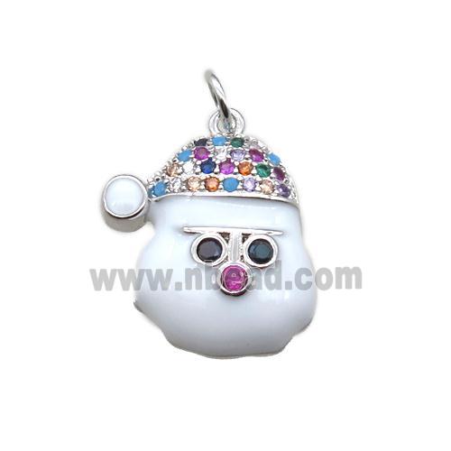 Christmas Snowman Charms Copper Pendant Micropave Zirconia White Enamel Platinum Plated