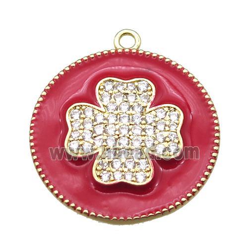 copper clover pendant pave zircon with red enameling, gold plated