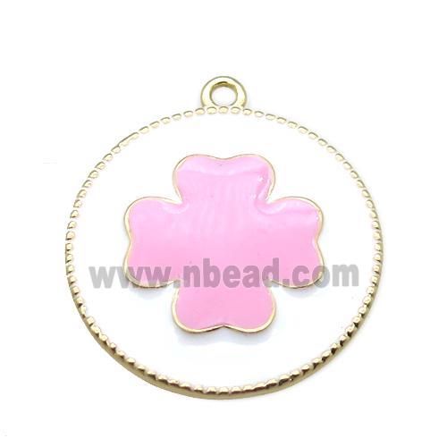 copper clover pendant with pink enameling, gold plated