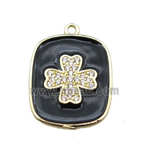 copper clover pendant pave zircon with black enameling, gold plated