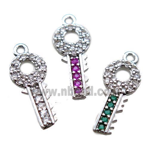 copper key pendant paved zircon, mixed, platinum plated