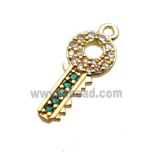 copper key pendant paved zircon, gold plated