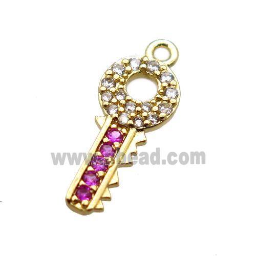 copper key pendant paved zircon, gold plated