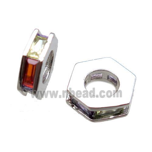 copper hexagon beads paved zircon, platinum plated