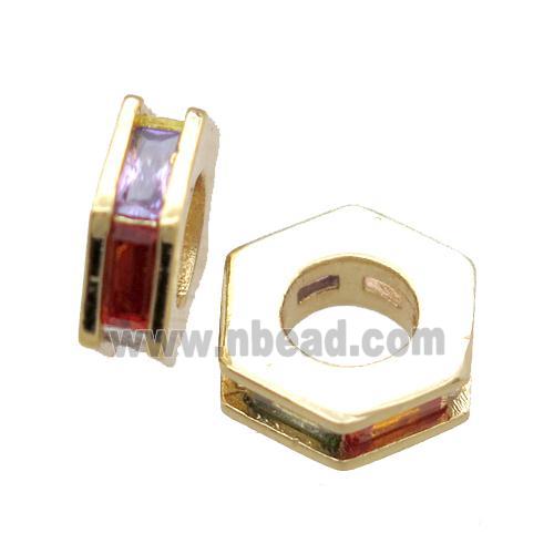 copper hexagon beads paved zircon, gold plated