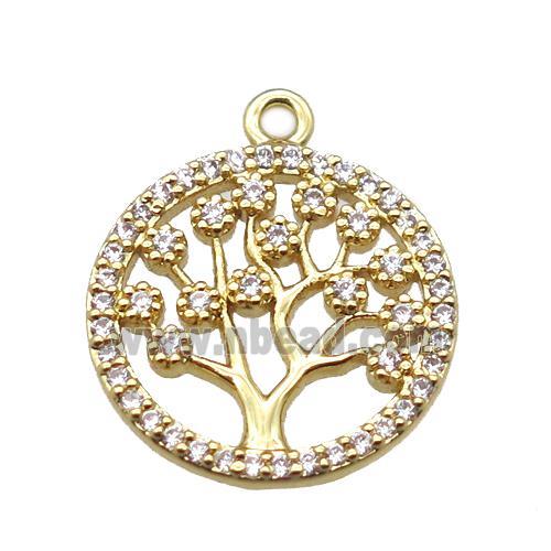 copper pendant paved zircon, tree of life, gold plated