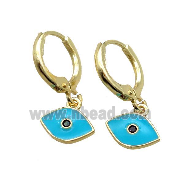 copper Hoop Earrings paved zircon, aqua enameling eye, gold plated