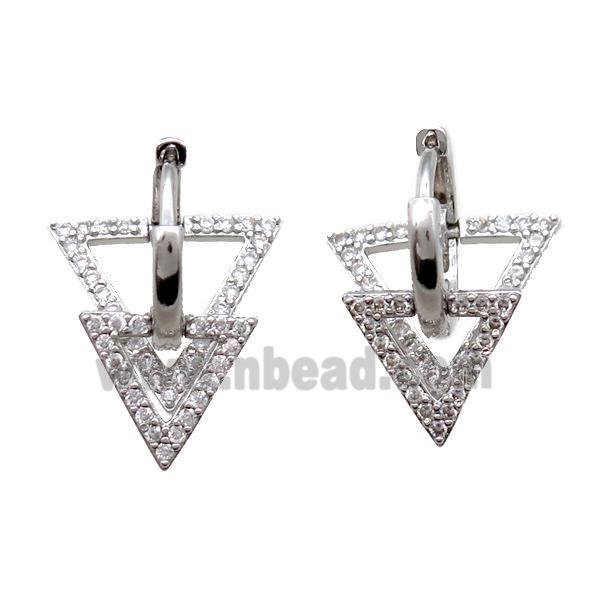 copper Hoop Earrings paved zircon, triangle, platinum plated