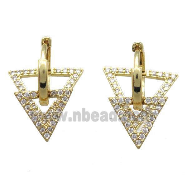 copper Hoop Earrings paved zircon, triangle, gold plated