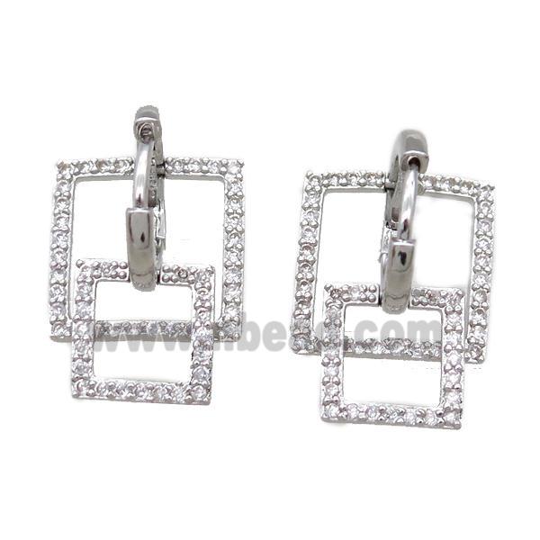 copper huggie Hoop Earrings paved zircon, square, platinum plated