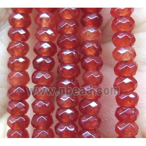 red jade bead, faceted rondelle