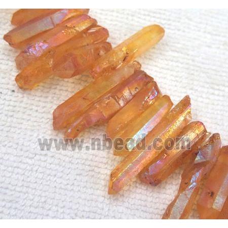 clear quartz bead, stick. freeform, orange AB-color