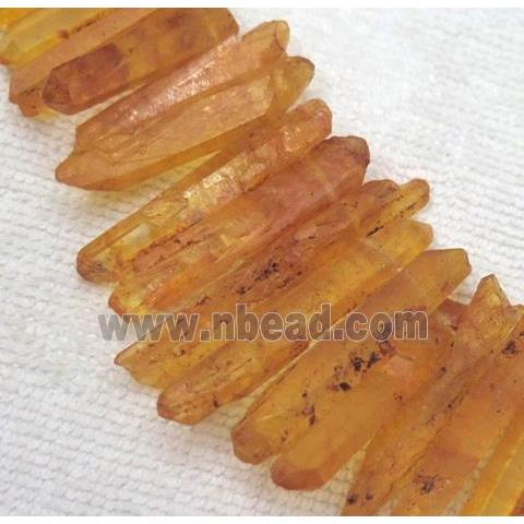 clear quartz stick beads, freeform, orange dyed