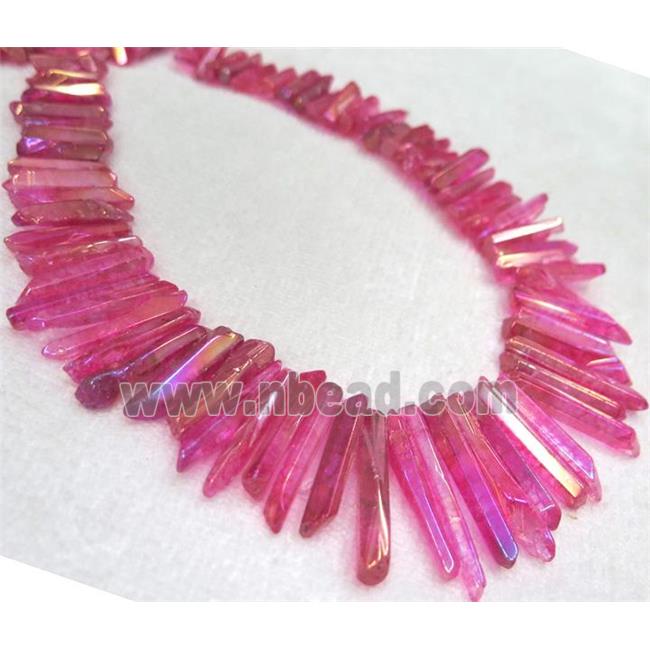 polished Clear Quartz stick beads, freeform, hotpink