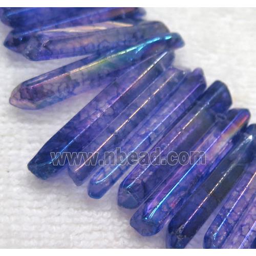 polished Clear Quartz stick beads, freeform, blue