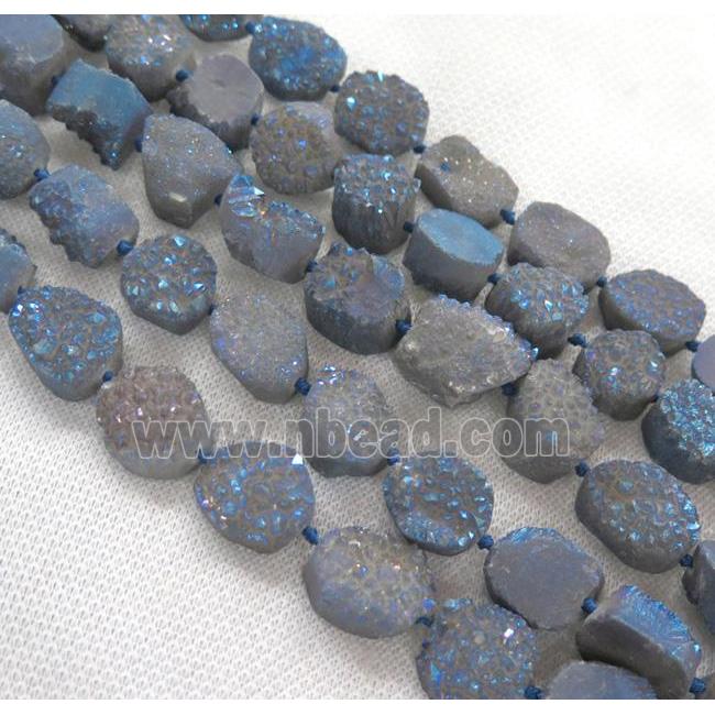 druzy quartz bead, freeform, gray blue electroplated