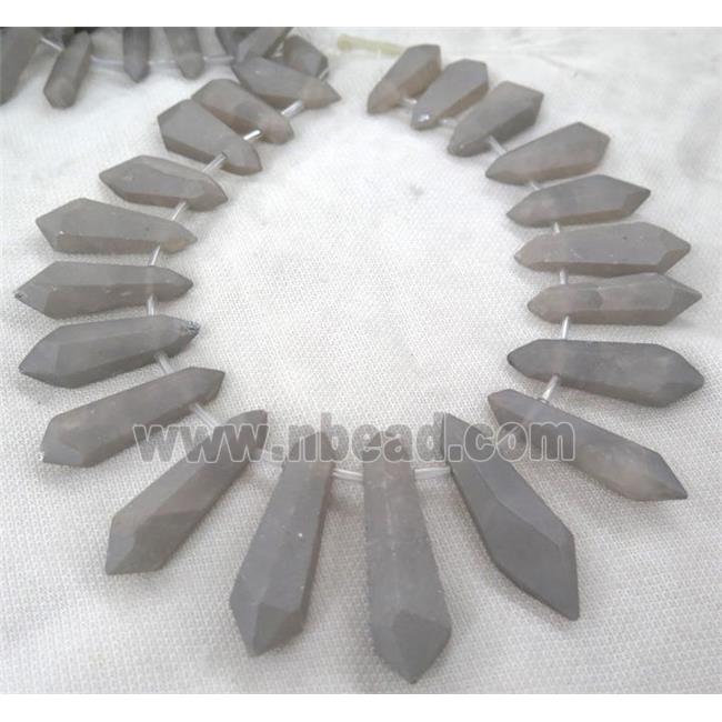 matte Clear Quartz Bullet Beads, top-drilled, grey electroplated