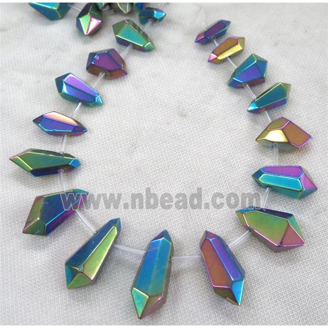 Clear Quartz Bullet Beads, top-drilled, rainbow electroplated