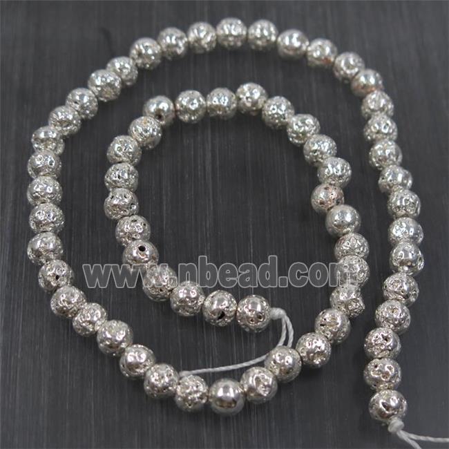 round Lava stone beads, shiny silver electroplated