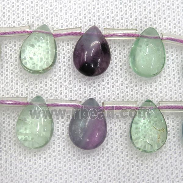 Fluorite teardrop beads, multi-color, top-drilled