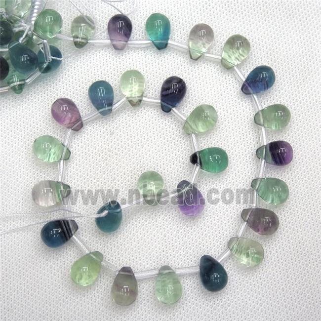 Fluorite beads, teardrop, multi-color, top-drilled