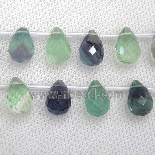 Fluorite beads, faceted teardrop, multi-color, top-drilled