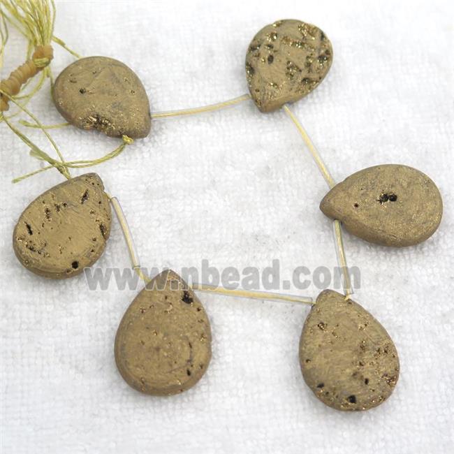 gold Druzy Agate teardrop beads, topdrilled