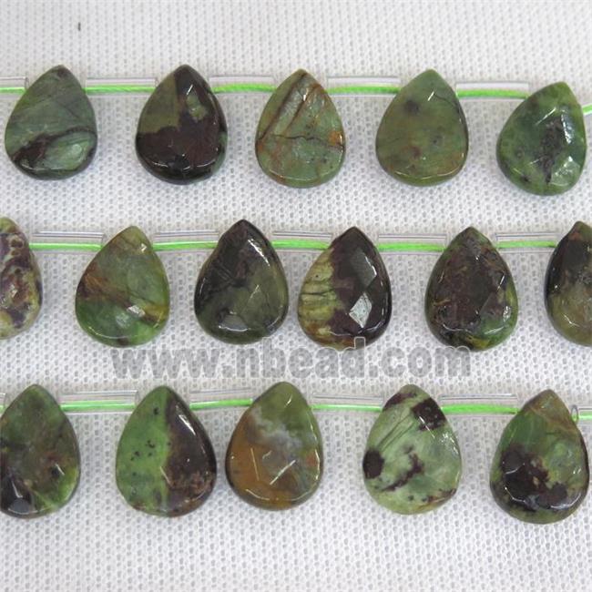 green Opal Jasper beads, faceted teardrop, top-drilled