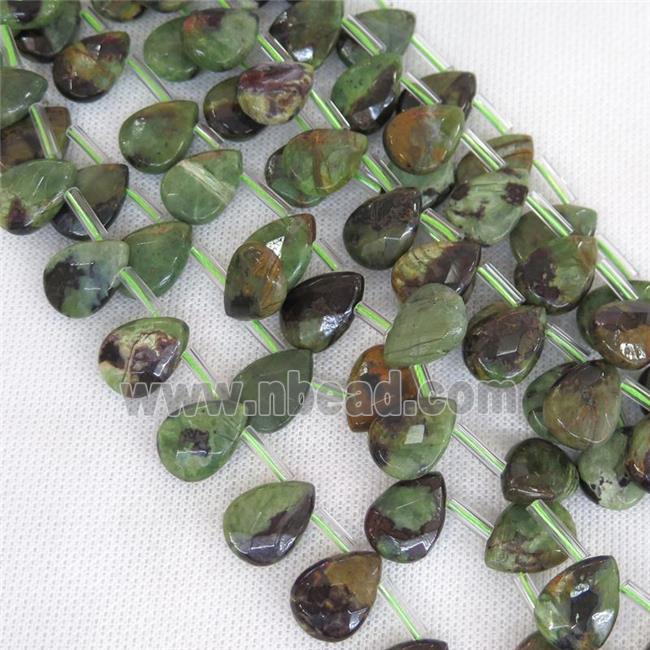 green Opal Jasper beads, faceted teardrop, top-drilled