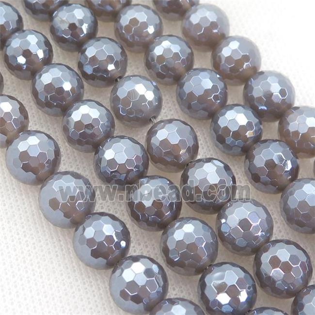 Natural Gray Agate Beads Faceted Round Light Electroplated