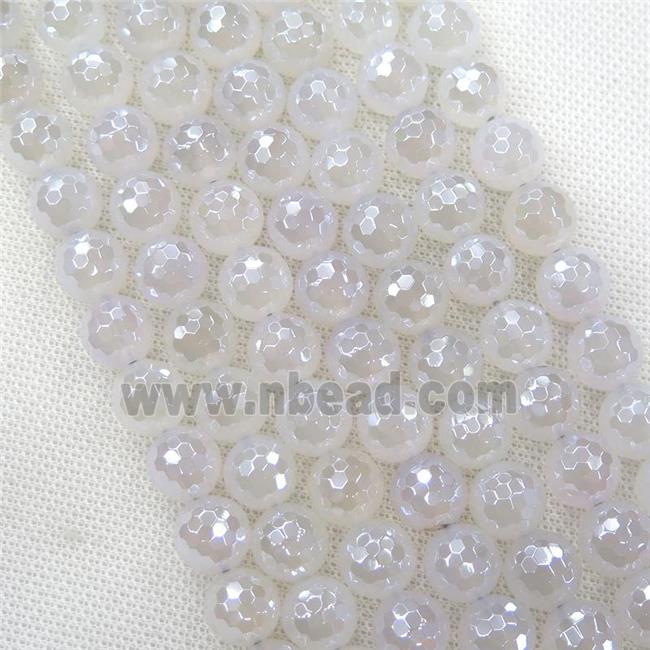 Natural White Agate Beads Faceted Round Light Electroplated