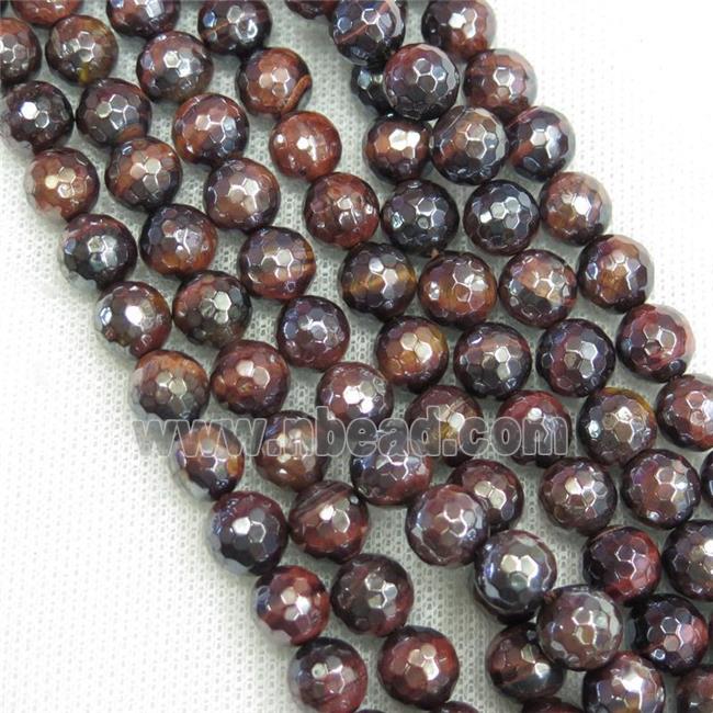 red Tiger eye stone beads, faceted round, light electroplated