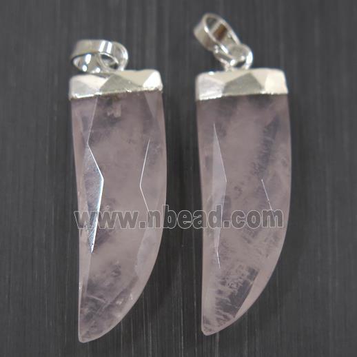 Rose Quartz horn pendant, pink, silver plated