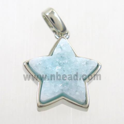 druzy quartz pendant, star, platinum plated