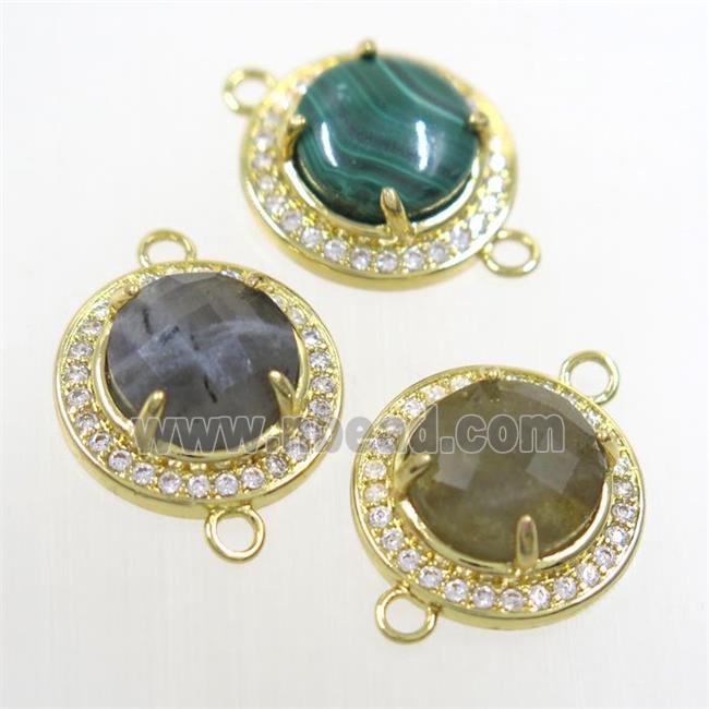 mix gemstone connector pave zircon, flat round, gold plated